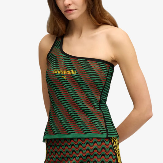 PUMA | X AHLUWALIA T7 TEXTURED KNIT ONE-SHOULDER TOP { ARCHIEVE GREEN AOP