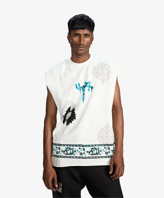 F A R A K | SLEEVELESS BLOCK-PRINTED T-SHIRT { WHITE