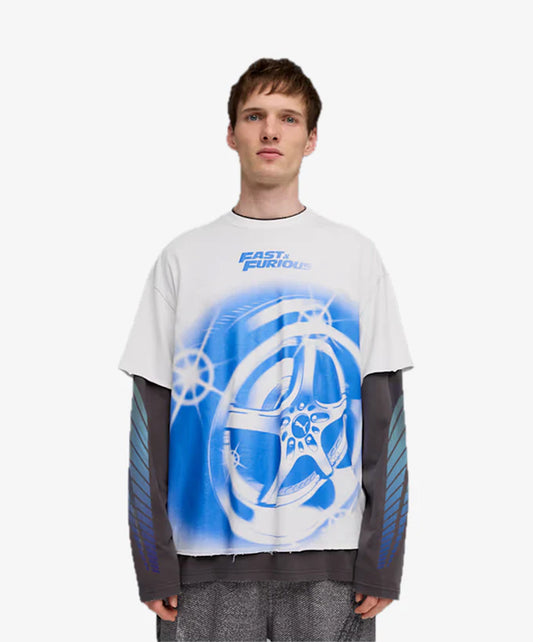 PUMA | x FAST & FURIOUS  LONG SLEEVE LAYERED TEE { PUMA WHITE-DUSKY GRAY