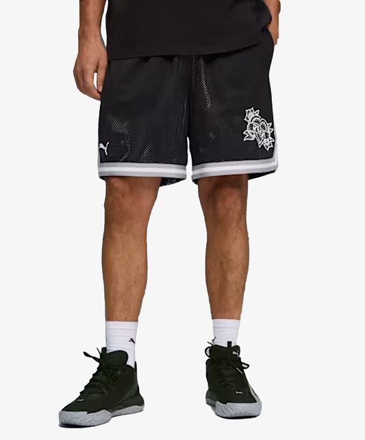 PUMA | SWISH N' INK ABOVE-KNEE 7" BASKETBALL SHORTS { BLACK-AOP