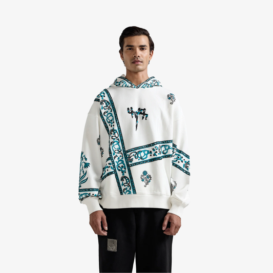 F A R A K | COSMIC BLOCKPRINT HOODIE { WHITE