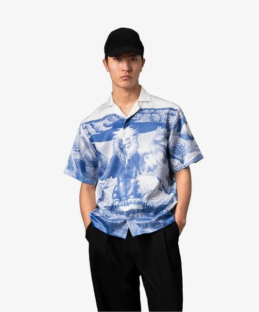 ALMOST GODS | MIRAGE BOXY SHIRT IN SATIN { BLUE/WHITE