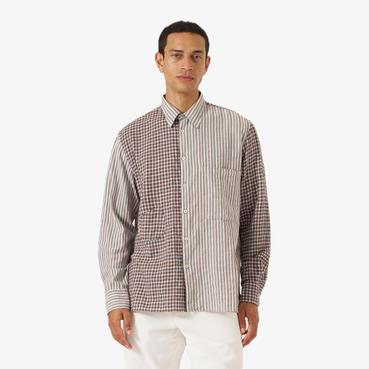 UNIVERSAL WORKS | MADISON CHECK/STRIPE STATION SHIRT { BROWN/BEIGE
