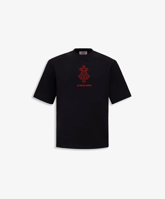 ALMOST GODS | ALPHA CROSS EMBROIDERED RELAXED TEE { BLACK