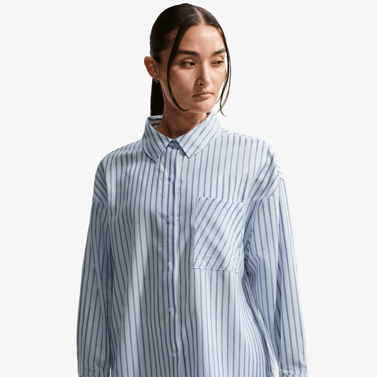NIKE| SPORTSWEAR CHILL POPLIN OVERSIZED WOVEN LONG-SLEEVE STRIPED TOP { MYSTIC NAVY/HYDROGEN BLUE/SUMMIT WHITE