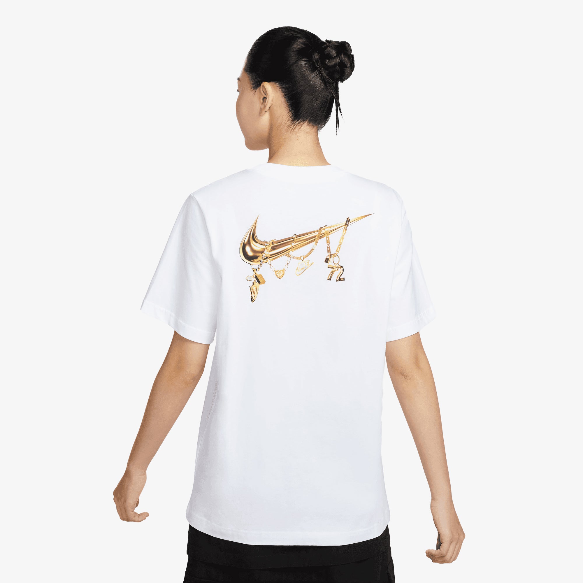 white and rose gold nike shirt