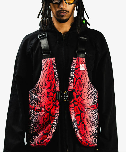 THAELY | RED SNAKESKIN CONVERTIBLE VEST TOTE { RED/BLACK