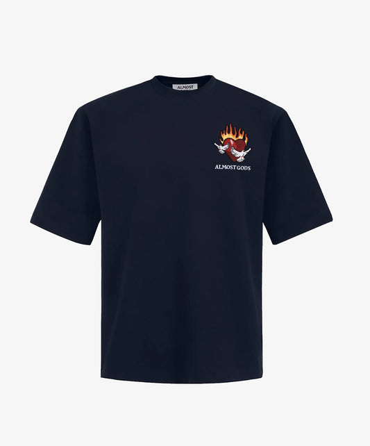 ALMOST GODS | BURNING HEART BOXY TEE { NAVY