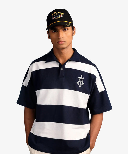 ALMOST GODS | ALPHA CROSS WOVEN STRIPED POLO { NAVY/WHITE