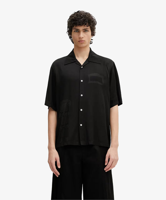 Aries | ANCIENT COLUMN SATIN VISCOSE HAWAIIAN SHIRT { BLACK