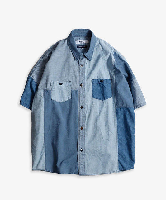FDMTL | PATCHWORK S/S SHIRT 3YR WASH  { INDIGO