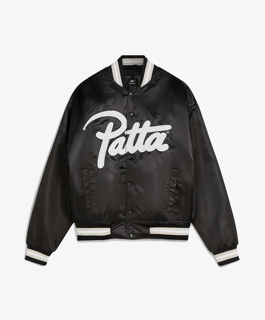 PATTA | SCRIPT LOGO SATIN VARSITY JACKET { BLACK