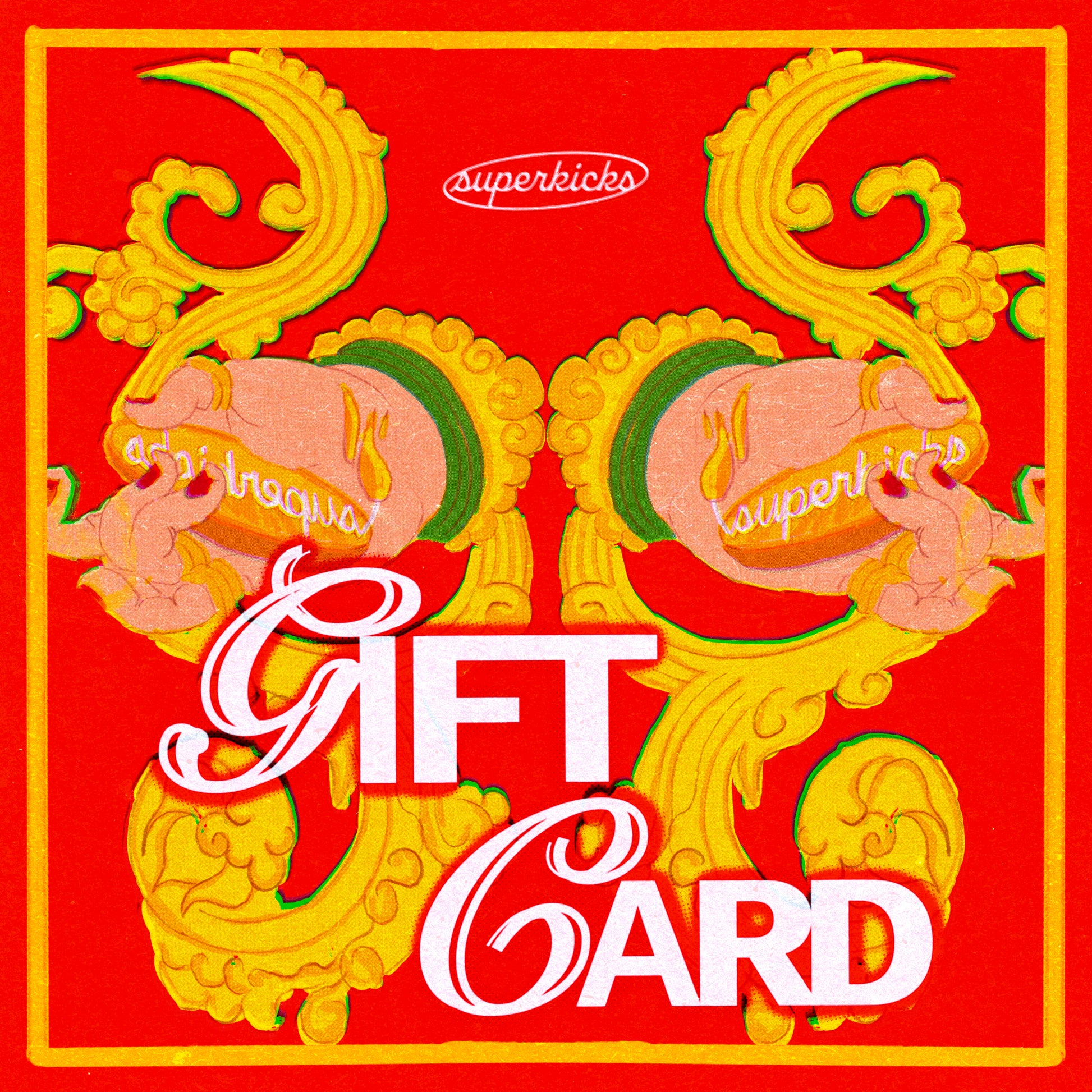 Gift card with decorative design and 'Superkicks' branding on a red background