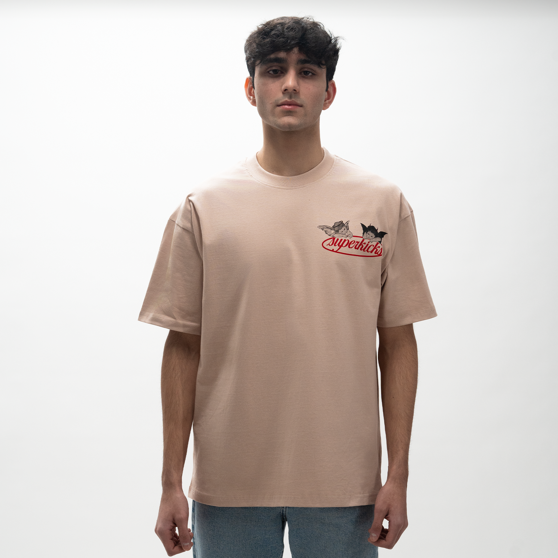 Superkicks ‘Second Chances’  Cotton T-shirt with Cupid and Demon graphic