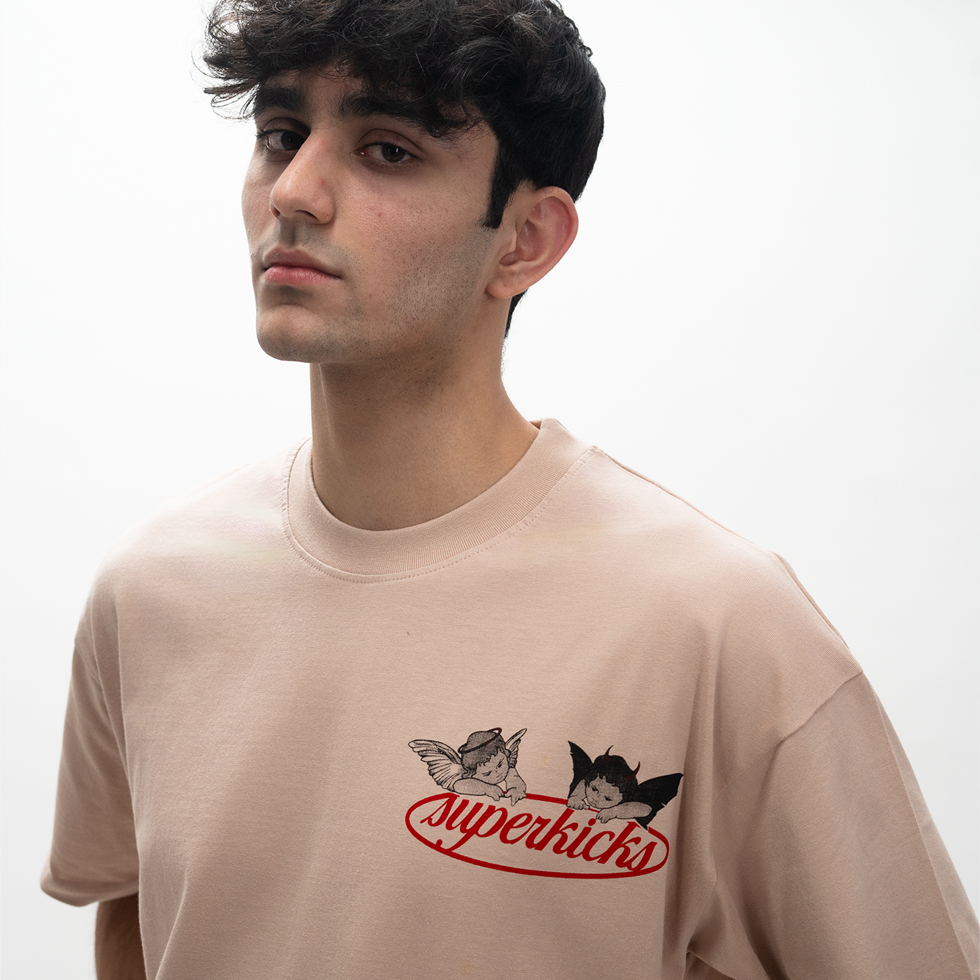 Superkicks ‘Second Chances’  Cotton T-shirt with Cupid and Demon graphic