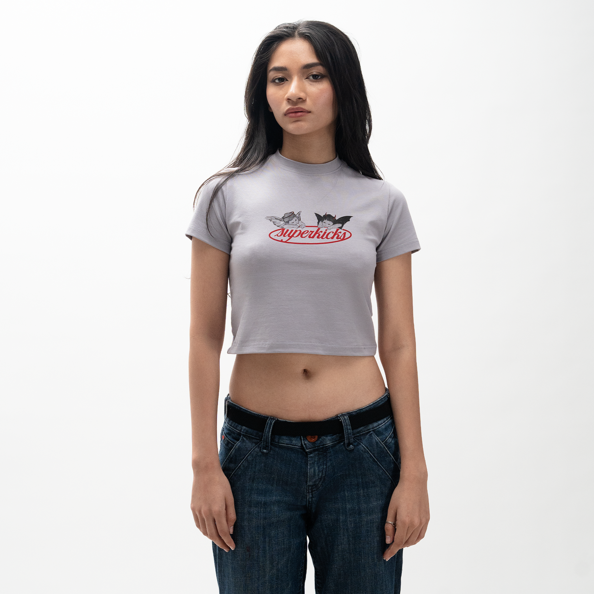 Superkicks ‘Second Chances’ Women's Premium Crop Top with Cupid and Demon graphic print