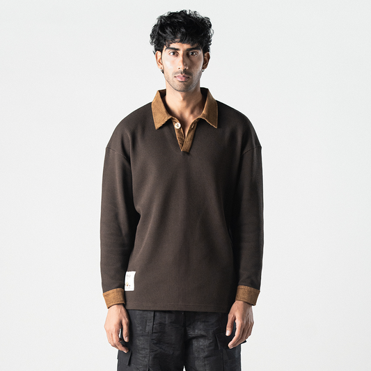 POLO: WAFFLE KNIT WITH CORDUROY DETAILS 'BROWN'